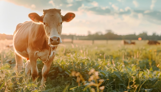 Une vache marche dans un champ d'herbe.