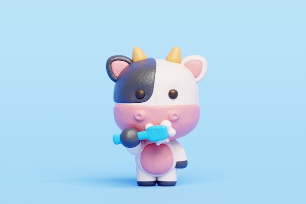 Vache mignonne 3D se brossant les dents Personnage animal de dessin animé Rendu 3D