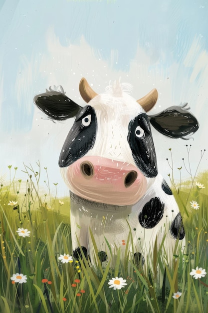 une vache mignonne avec un fond naturel enfants illustration