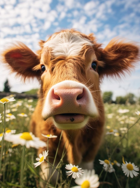 Une vache mignonne heureuse un jour d'été