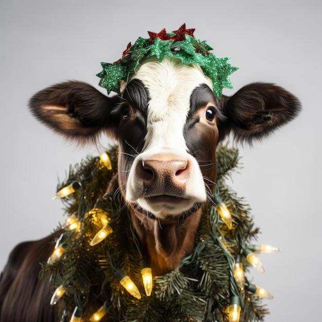 Vache mignonne avec des lumières de Noël et guirlande sur fond blanc