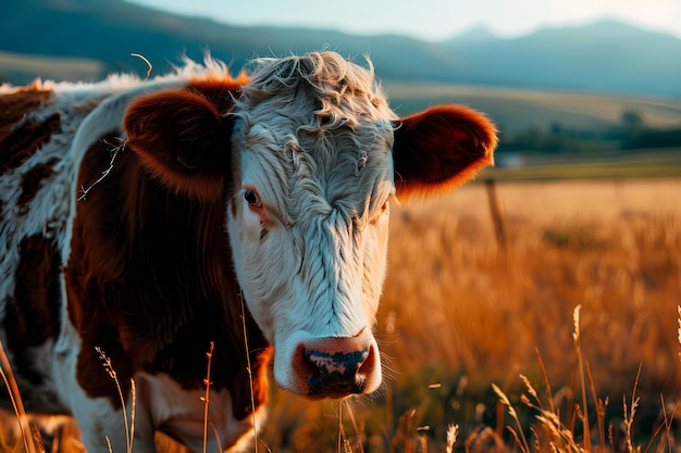 Photo une vache moelleuse paît paisiblement dans un pittoresque champ ouvert