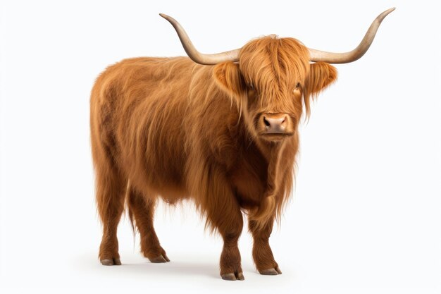 Photo une vache de montagne aux poils longs isolée sur un fond blanc