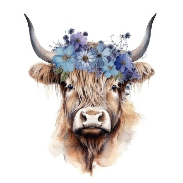 Une vache des montagnes avec des fleurs et des feuilles