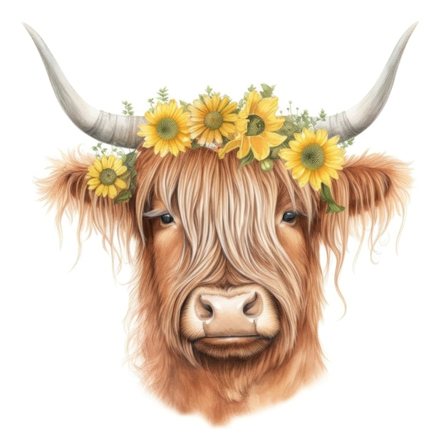 Une vache des montagnes avec des fleurs et des feuilles