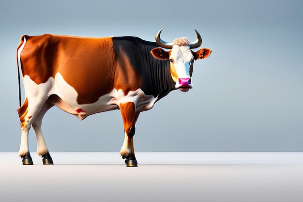 Une vache avec un nez rouge et des marques blanches isolées sur fond blanc