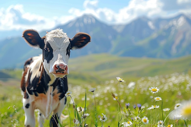 Vache noire et blanche dans un champ ensoleillé au printemps ou en été Vache paissant sur des terres agricoles