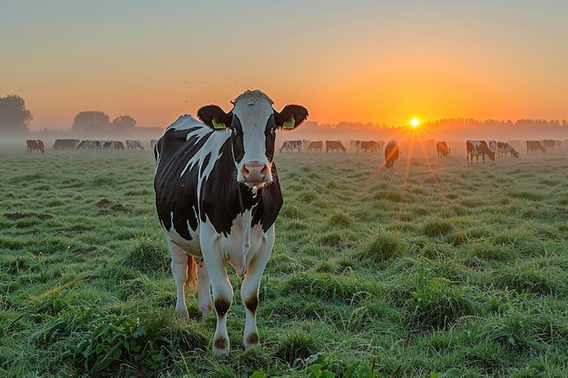 Vache noire et blanche dans un champ ensoleillé au printemps ou en été Vache paissant sur des terres agricoles