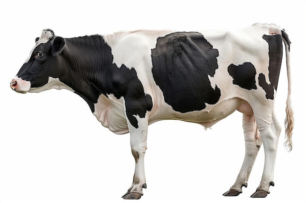 Une vache noire et blanche debout sur un fond blanc