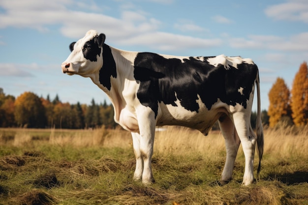 Une vache noire et blanche sur un pâturage