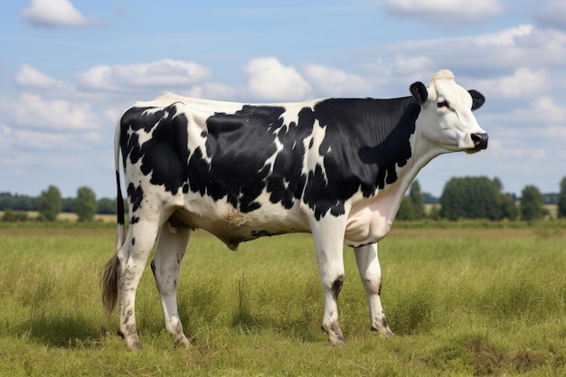 Une vache noire et blanche sur un pâturage