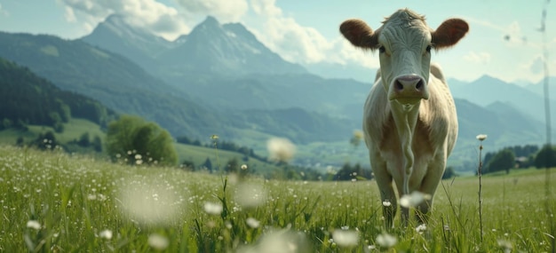 une vache paissant sur un champ avec des montagnes derrière elle