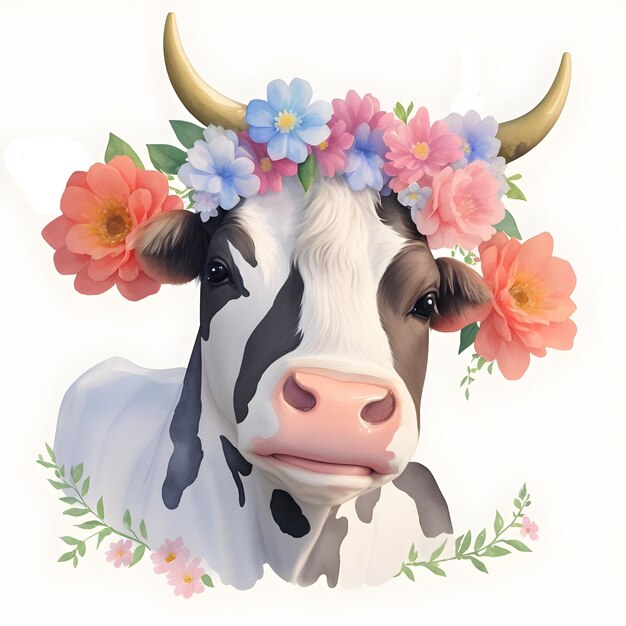 Vache peinte dans une couronne de fleurs illustration d'été agriculture générée par ai