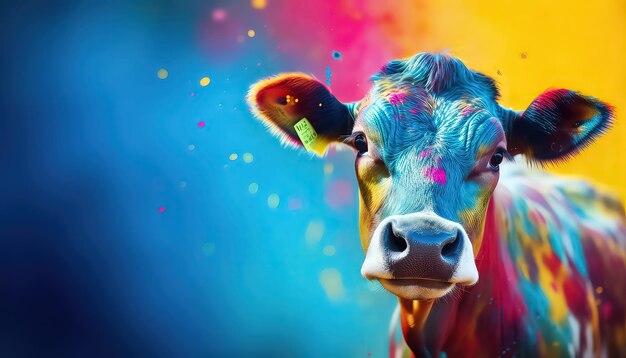 Vache en peinture sur un fond lumineux Happy Holi concept indien