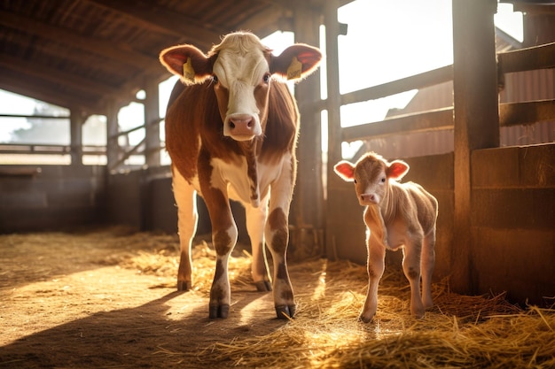 Une vache avec un petit veau se tient dans une étable et regarde devant un agriculteur