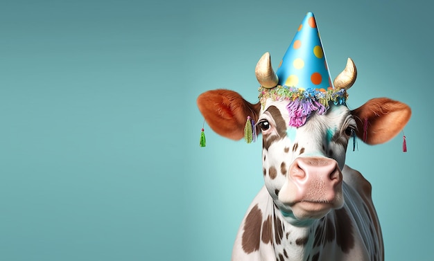 Une vache portant un chapeau de fête et un chapeau de fête.