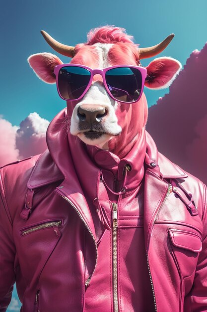 Une vache portant un costume orange vif et des lunettes de soleil