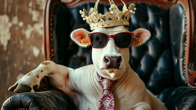 Vache portant une cravate avec une couronne et des lunettes de soleil assise sur un trône en gros plan Generative Ai