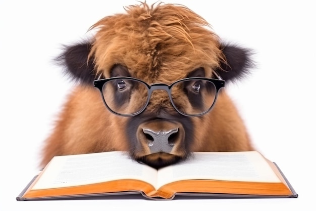 Une vache portant des lunettes lisant un livre