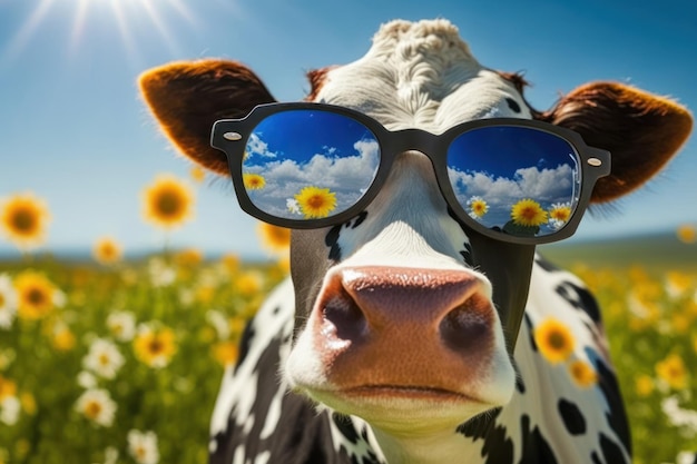 Vache portant des lunettes de soleil dans un champ de tournesols