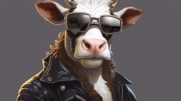 Une vache portant une veste en cuir et des lunettes de soleil