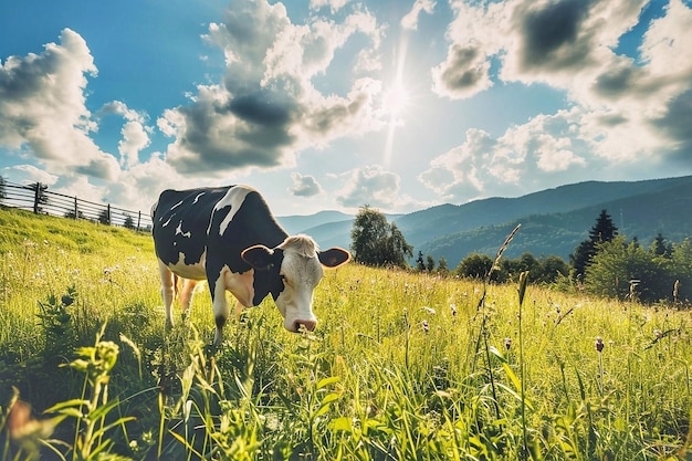 Une vache sur une prairie verte dans les montagnes