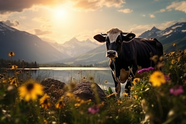 Photo vache sur les prairies fleuries nature avec fleurs sauvages et montagnes en arrière-plan illustration générative de l'ia
