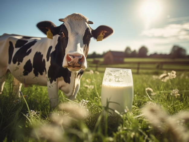 La vache sur le pré vert, heureuse, ensoleillée.