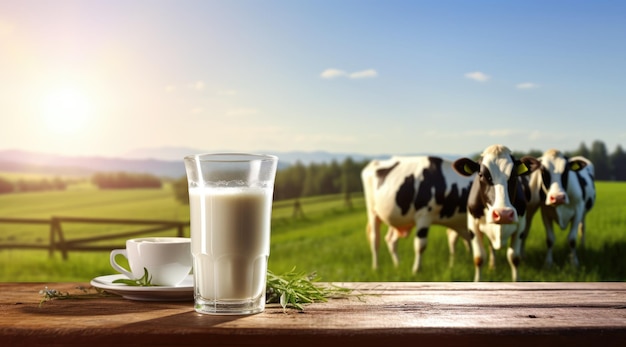 Une vache près d'une table en bois avec un verre de lait sur le fond d'un champ IA générative