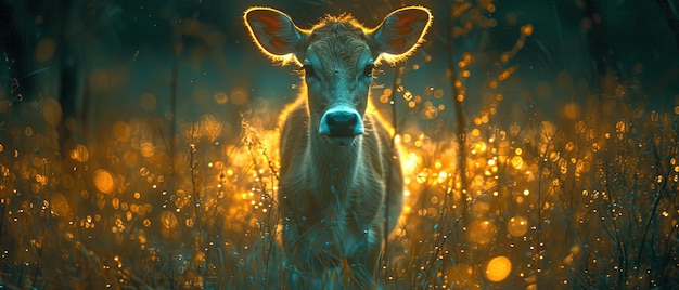 une vache qui se tient dans l'herbe avec une lumière allumée