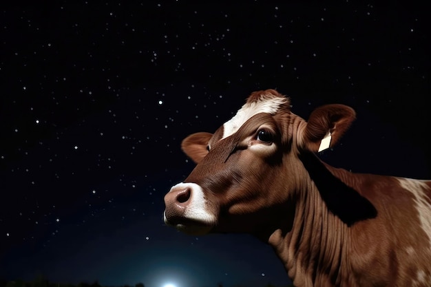 Vache regardant les étoiles dans le ciel lunaire Generative AI