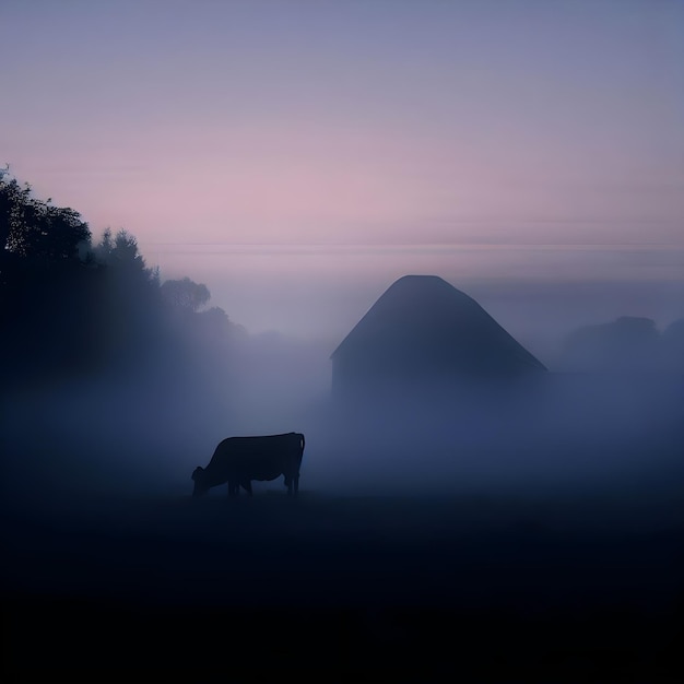 une vache se tient au milieu d'un champ avec un gros rocher en arrière-plan