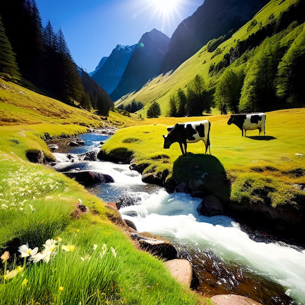 Une vache se tient dans un champ traversé par un ruisseau.