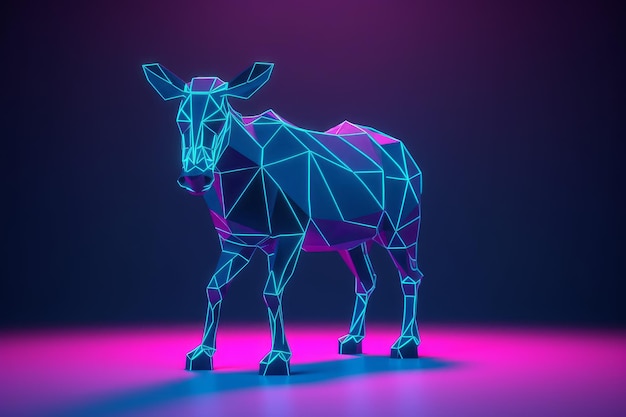Une vache se tient dans une lumière violette et rose.