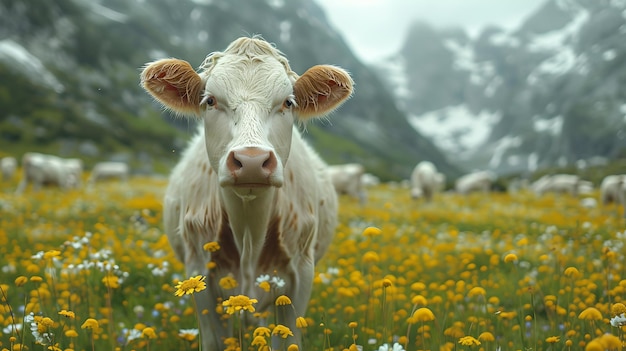 Vache sereine au milieu de fleurs épanouies dans une prairie de montagne brumeuse, scène rurale tranquille et idyllique AI