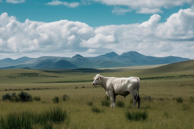 Vache solitaire broutant dans une prairie verte entourée de montagnes IA générative