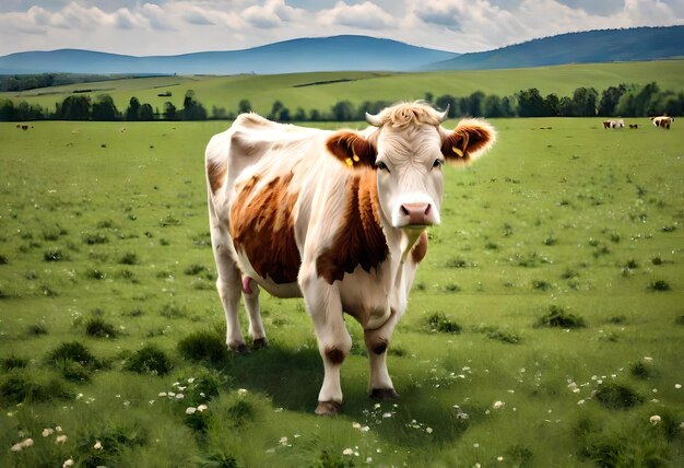 Photo une vache avec une tache brune sur la tête est debout dans un champ avec une montagne en arrière-plan