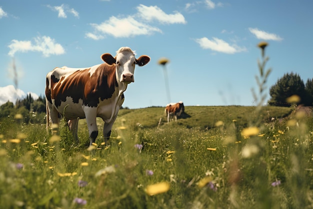 Photo vache tachetée broute dans une prairie alpine