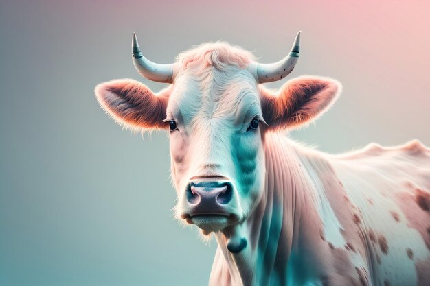 Une vache avec un visage blanc et un fond rose et bleu