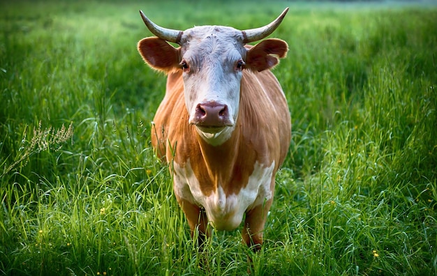 Une vache avec un visage blanc et des taches brunes sur le visage.