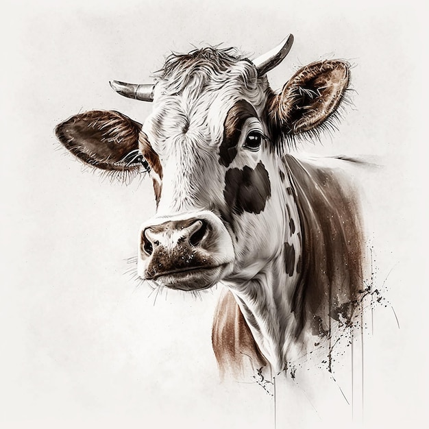 Une vache avec un visage brun et blanc et des marques noires.