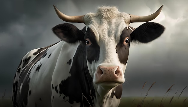 Une vache avec un visage noir et blanc et des marques noires.