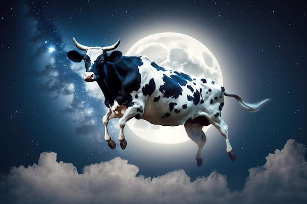 Vache volant sur fond de ciel nocturne avec la lune et les étoiles Concert de rêves rêveurs pour enfants Illustration générative AI