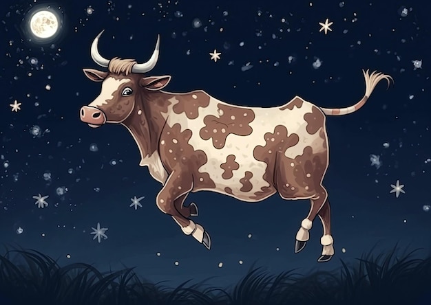 La vache vole sur fond de lune et d'étoiles dans le concept de ciel nocturne des rêves d'enfants Illustration de l'IA générative