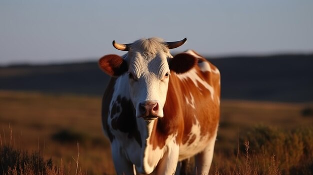 La vache Whitered se tient dans un champ au coucher du soleil arrière-plan flou généré ai