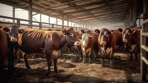 Vaches de bovins de boucherie mangeant à la ferme image ai générée