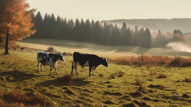 Vaches dans un champ avec une forêt en arrière-plan