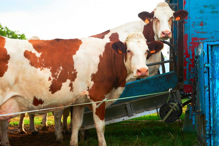 Photo vaches debout avant la traite mécanique, franche comté, france.