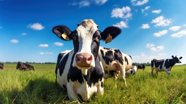 Des vaches sur le fond du ciel et de l'herbe verte