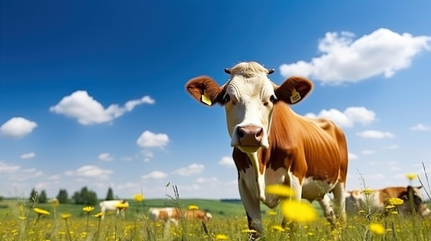 Des vaches sur le fond du ciel et de l'herbe verte